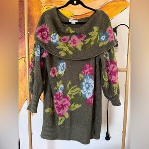 Floral Knit Sweater - Green with Pink and Blue Accents